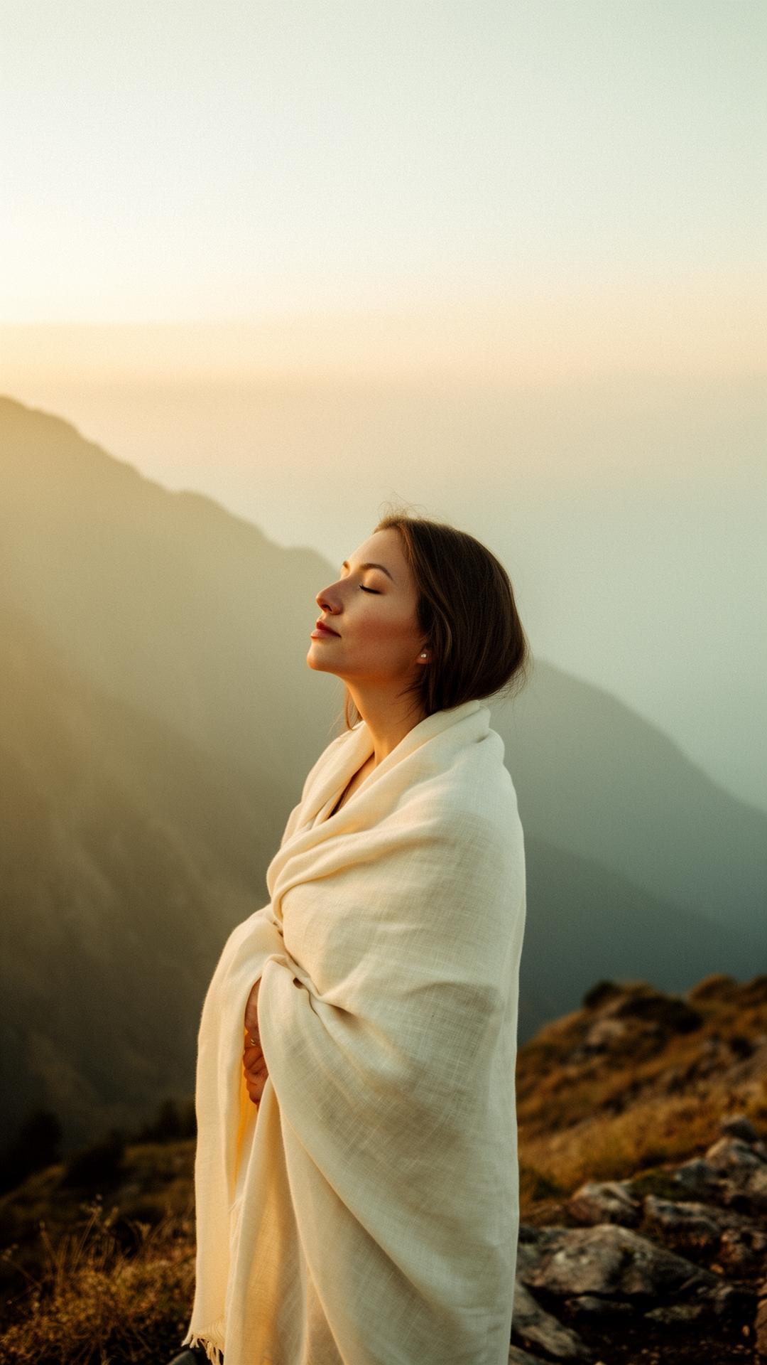 Mulher serena de olhos fechados em luz suave